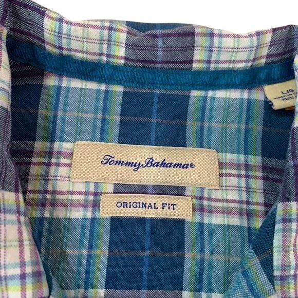 Tommy Bahama Silk Shirt Men's Size Large Aloha Hawaiian Style Casual Blue Plaid - Picture 2 of 4